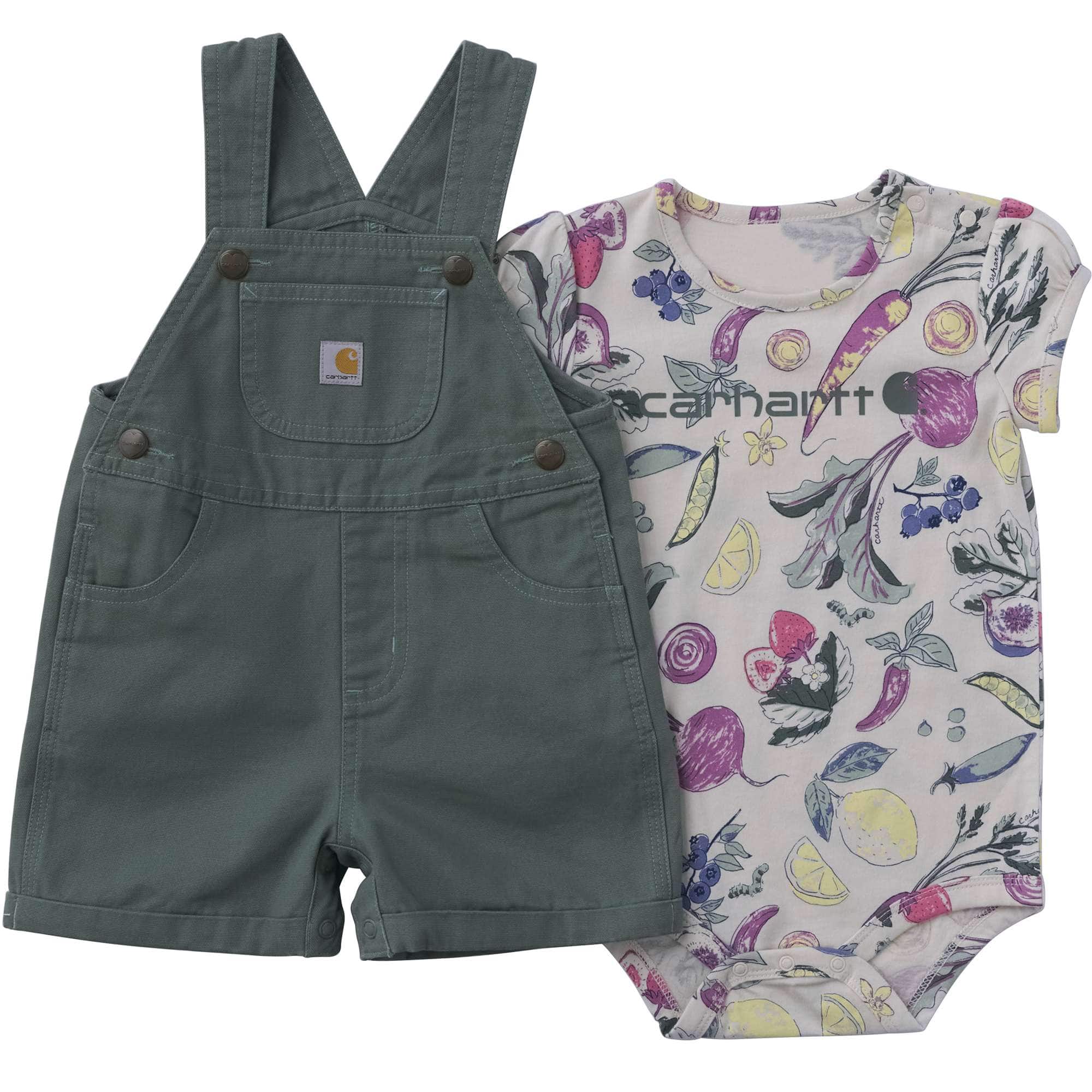 Carhartt Girls' 2-Piece Short Sleeve Veggie Print Bodysuit & Canvas Shortall Set (Baby)