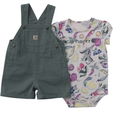 Детские брюки Carhartt Girls' 2-Piece Short Sleeve Veggie Print Bodysuit & Canvas Shortall Set (Baby)