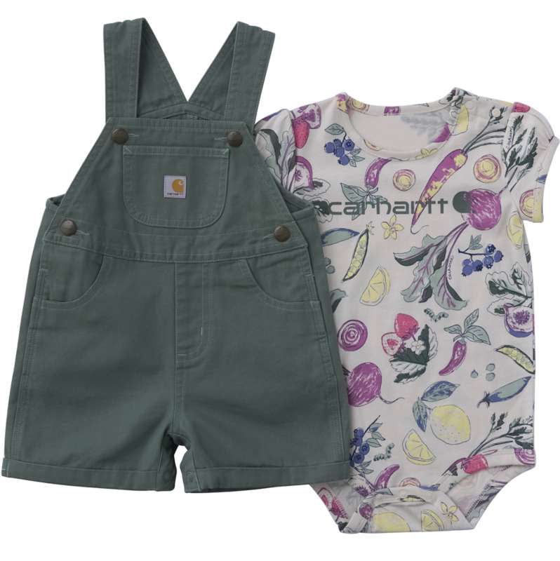 Carhartt  Vintage Green Girls' 2-Piece Short Sleeve Veggie Print Bodysuit & Canvas Shortall Set (Baby)