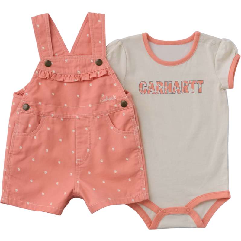 Carhartt  Fresh Salmon Girls' 2-Piece Short Sleeve Bodysuit & Canvas Shortall Set (Baby)