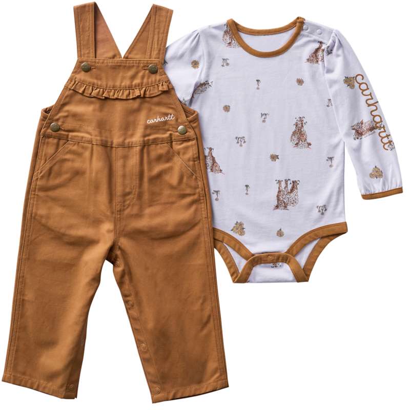Carhartt  Carhartt Brown Girls' 2-Piece Long Sleeve Printed Bodysuit & Canvas Overall Set (Baby)