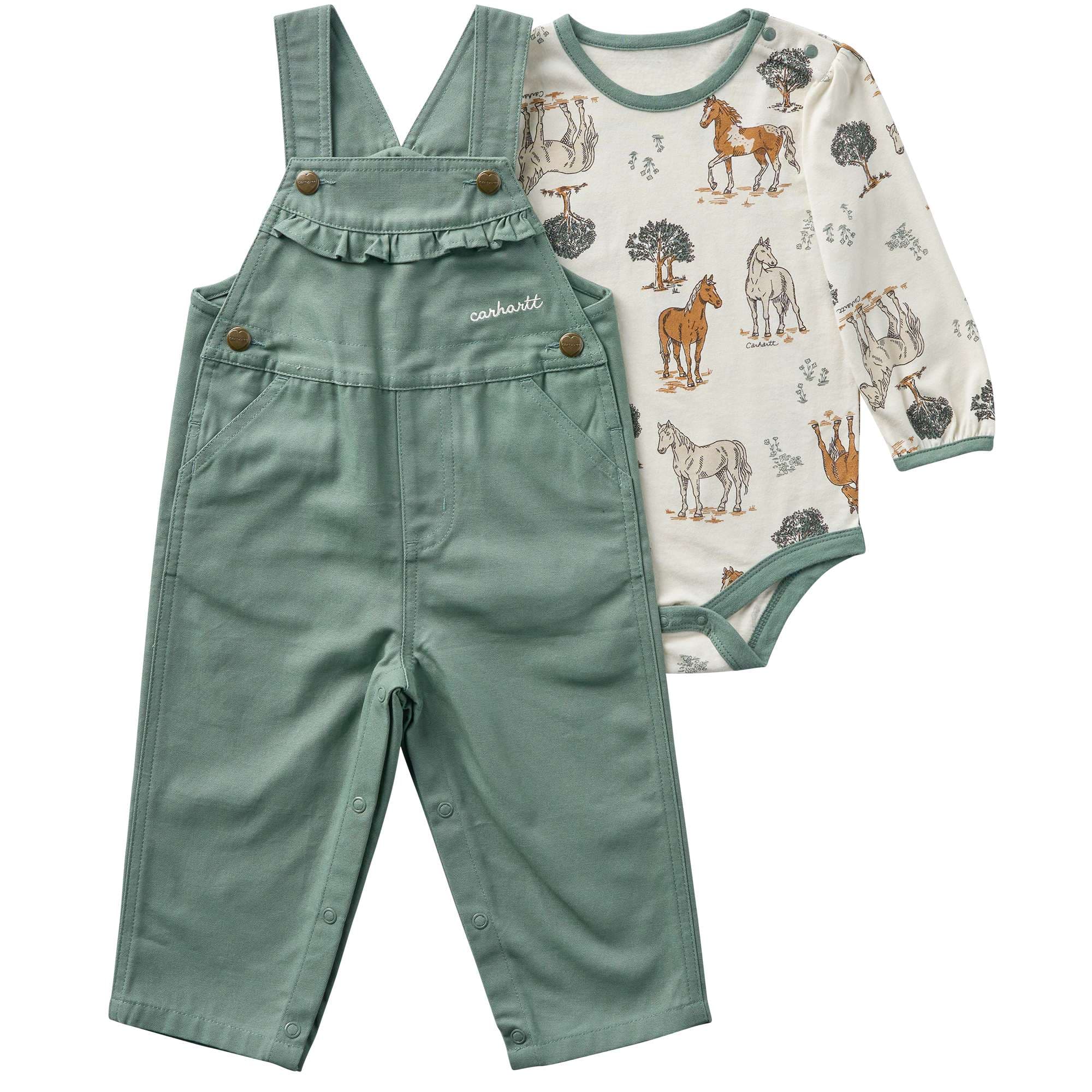 Carhartt Girls' 2-Piece Long Sleeve Printed Bodysuit & Canvas Overall Set (Baby)