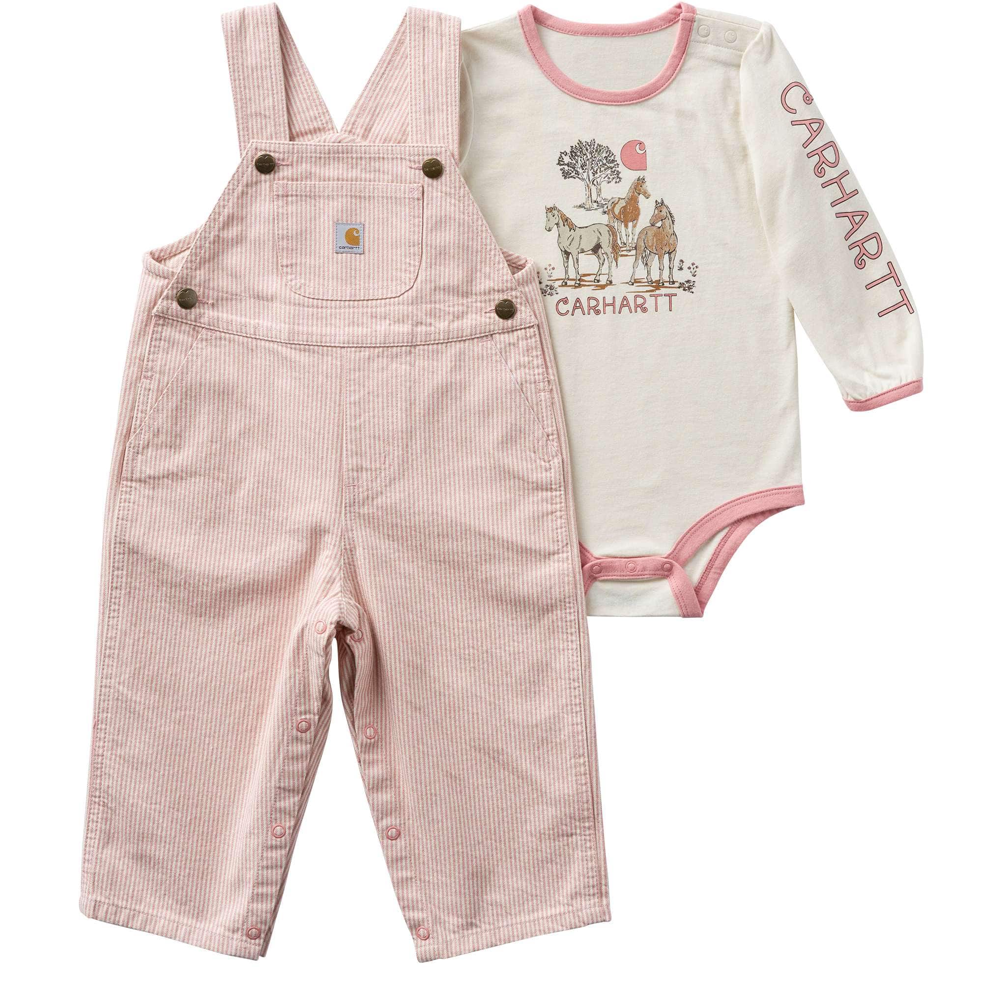 Carhartt Girls' 2-Piece Long Sleeve Bodysuit & Stripe Overall Set (Baby)