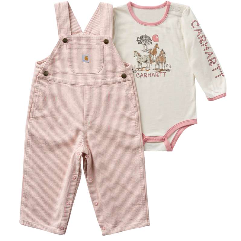 Carhartt  Rose Tint Girls' 2-Piece Long Sleeve Bodysuit & Stripe Overall Set (Baby)