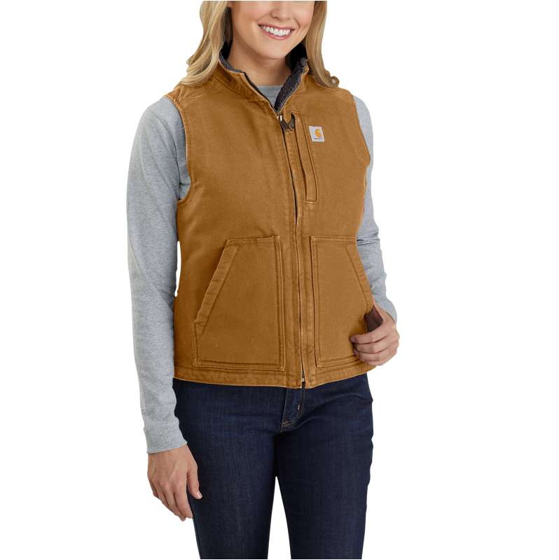 Carhartt  Carhartt Brown Relaxed Fit Washed Duck Sherpa Lined Mock Neck Vest