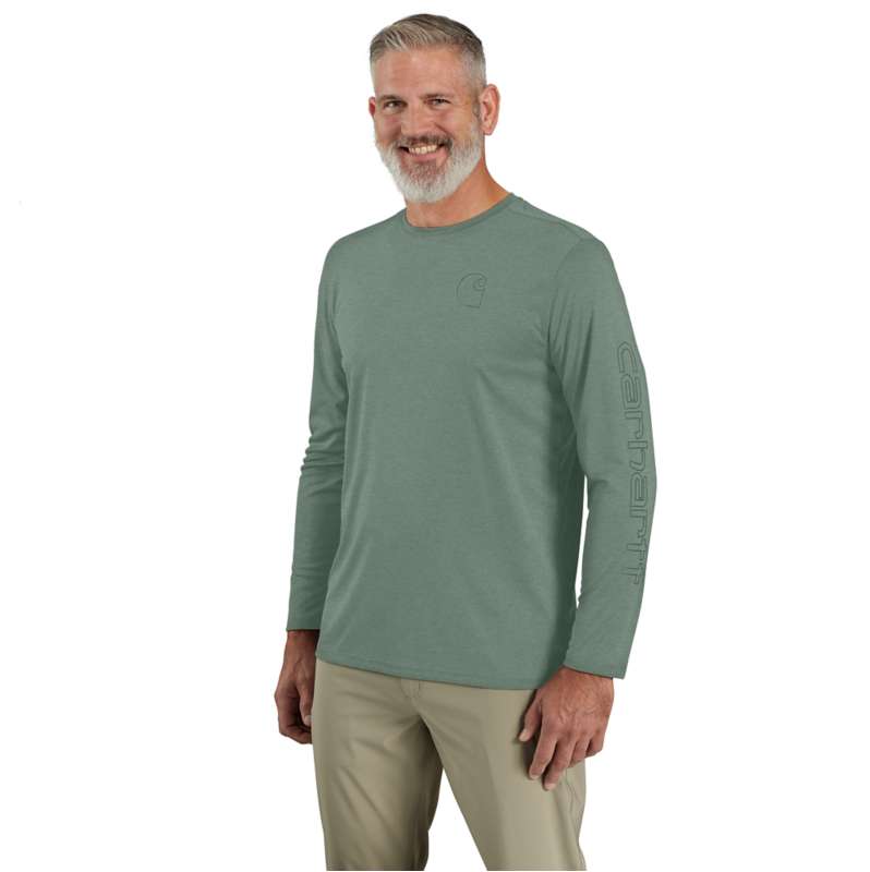 Carhartt  Green Slate Heather Camiseta de manga larga con protección solar Carhartt Force Sun Defender™, con logotipo y corte holgado