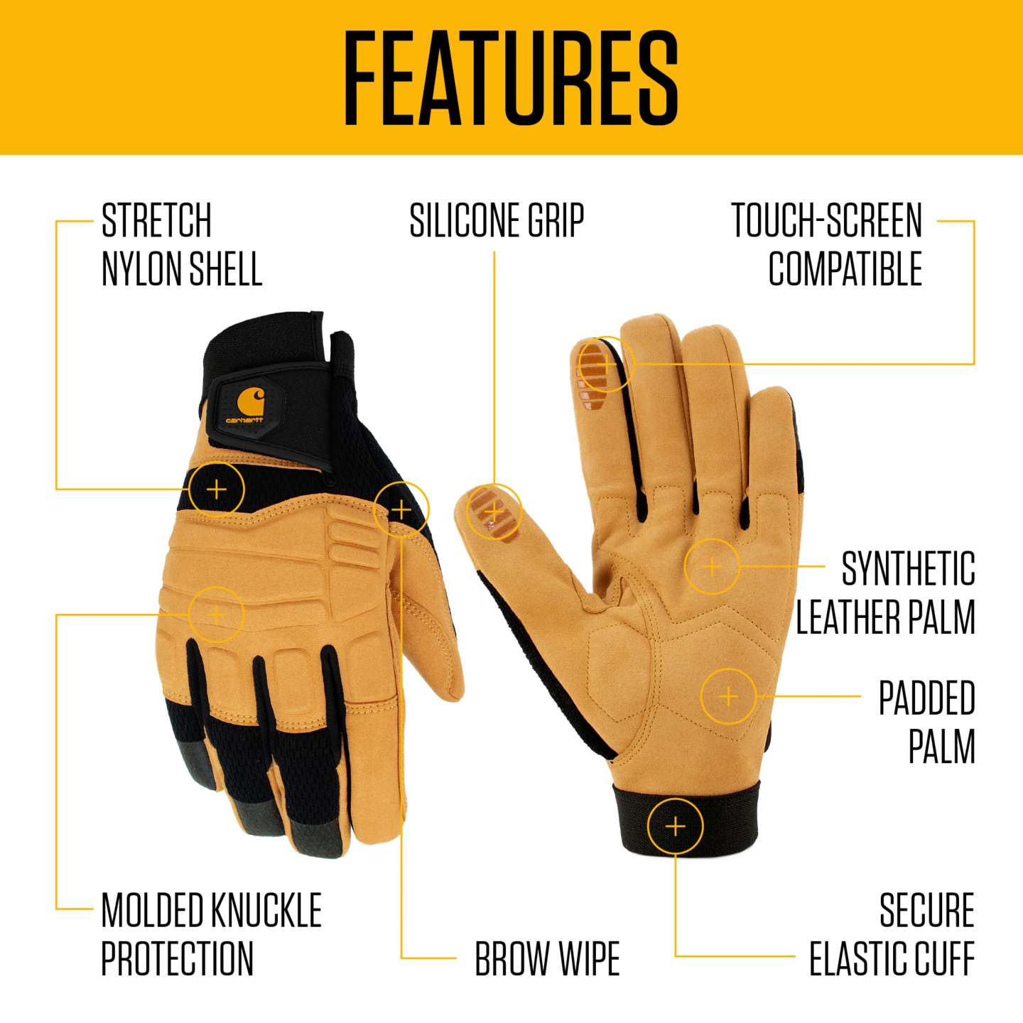 Мужские перчатки Carhartt Synthetic Leather High Dexterity Molded Knuckle Secure Cuff, цвет: Чёрный — фото 2