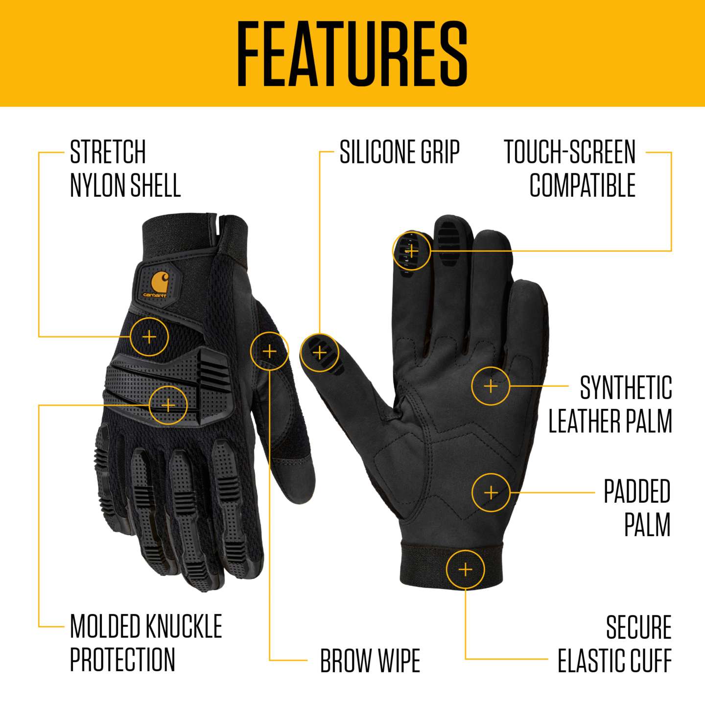 Мужские перчатки Carhartt High Dexterity Protective Knuckle Guard Glove, цвет: Чёрный — фото 2