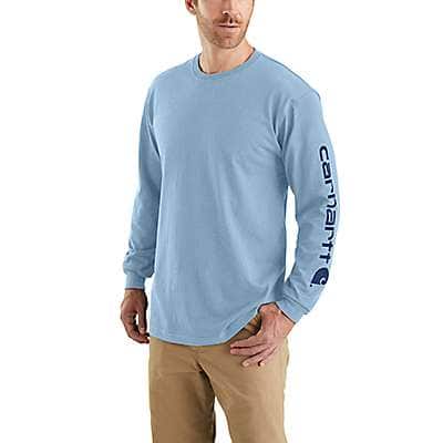 Carhartt Men's Alpine Blue Heather Loose Fit Heavyweight Long-Sleeve Logo Sleeve Graphic T-Shirt