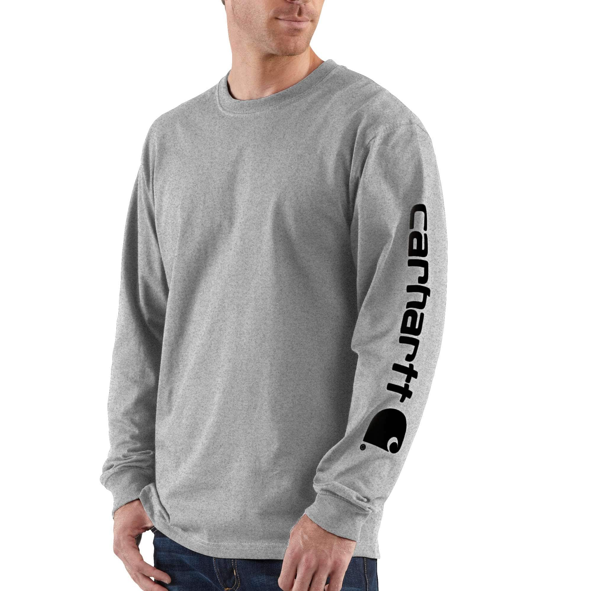 Carhartt Men's Carbon Heather Loose Fit Heavyweight Long-Sleeve Logo Sleeve Graphic T-Shirt