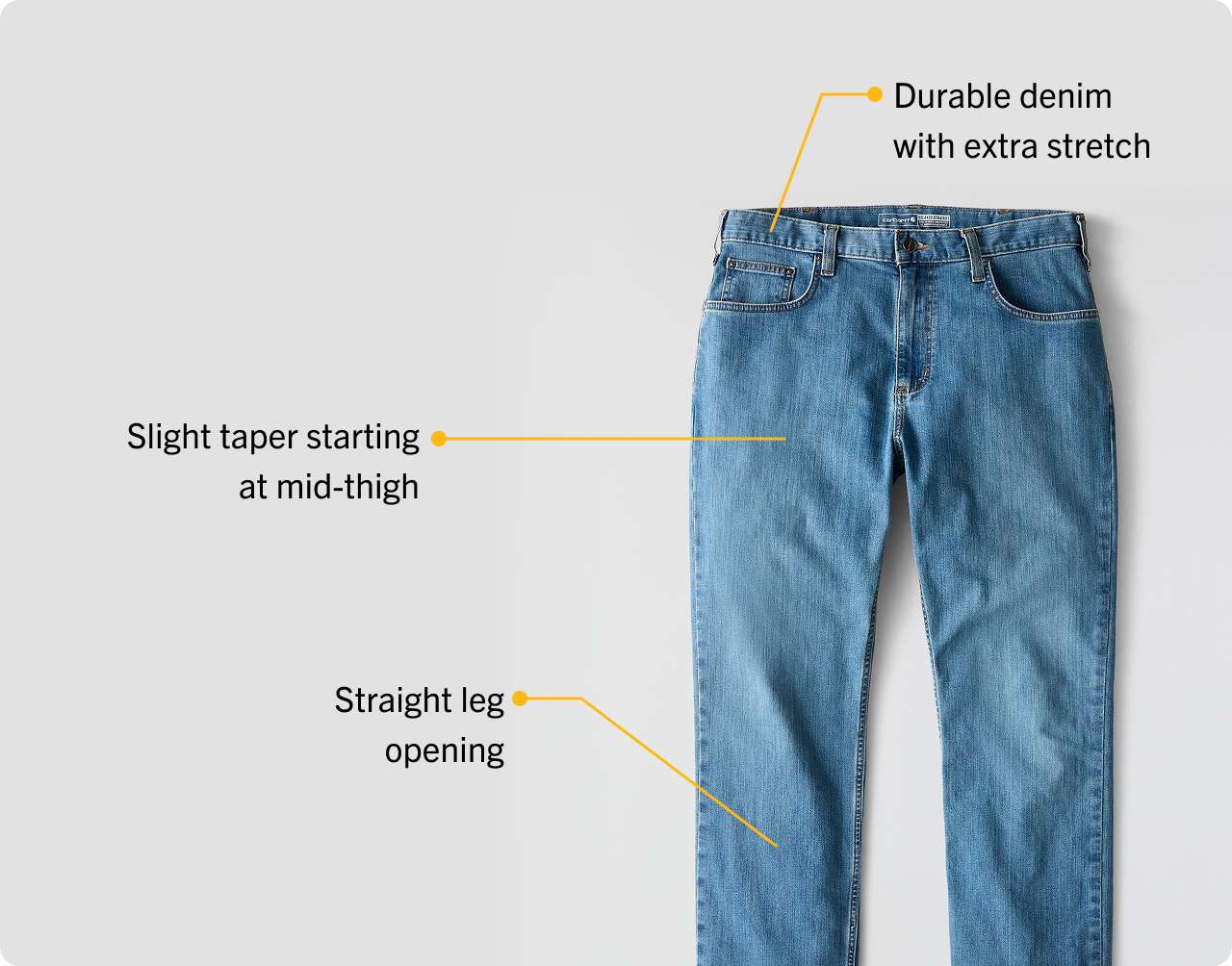 durable denim with extra stretch, slight taper starting at mid-thigh, Straight leg opening
