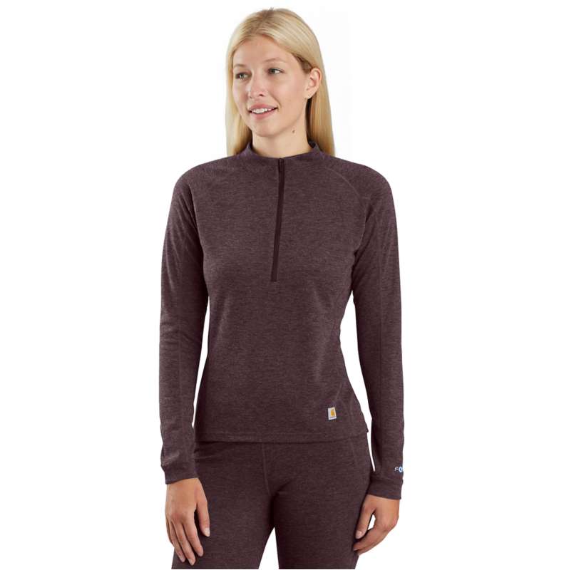 Carhartt  DEEP WINE HEATHER Women's Force Midweight Synthetic-Merino Wool Blend Base Layer Quarter-Zip Top