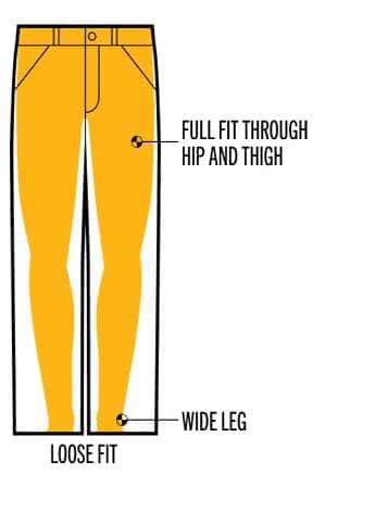 Loose Fit: full through hip and thigh; wide leg.