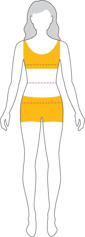 Diagram showing where to measure chest, natural waist, and hips.